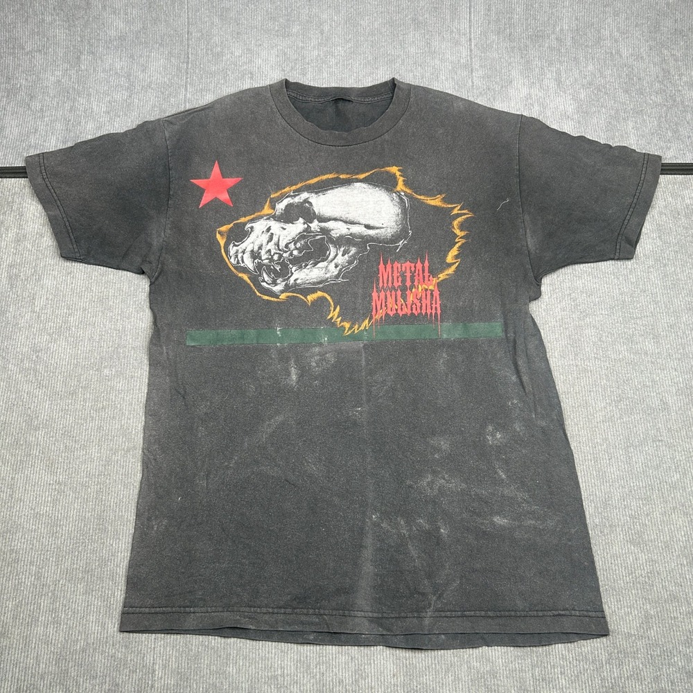Metal Mulisha Graphic T-Shirt Y2k Black Skull Wolf Red Star Faded Distressed
